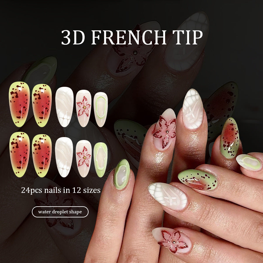 Garden Delight Long Almond Water Droplet Shape Long Almond Green and Pink Floral Press On Nail Set