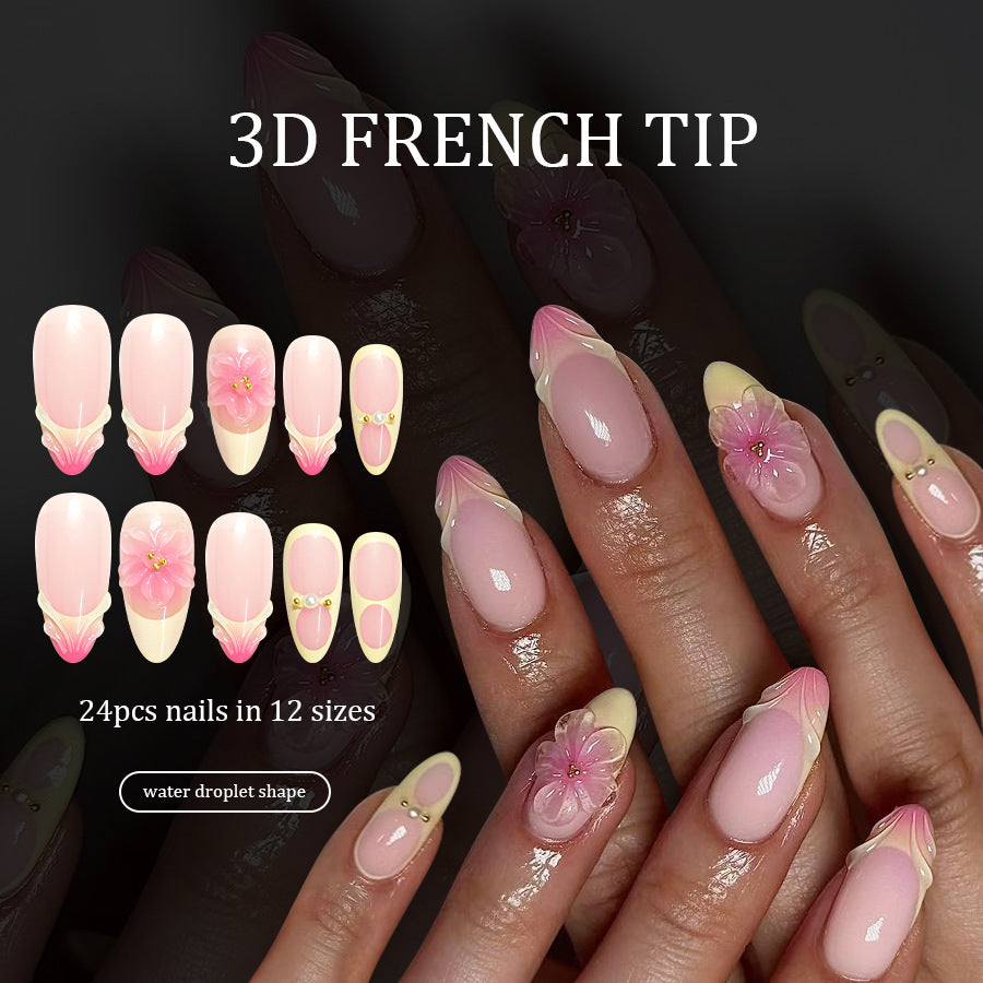 Enchanting Floral Dreams Long Almond Pink Water Droplet Shape Press On Nail Set