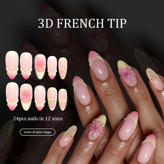 Enchanting Floral Dreams Long Almond Pink Water Droplet Shape Press On Nail Set