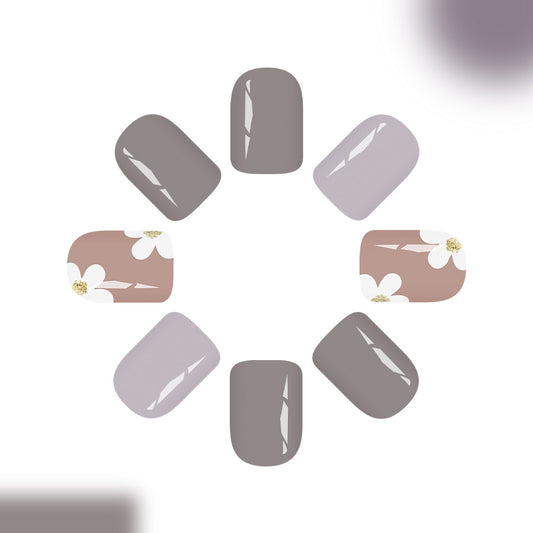 Whimsical Garden Short Square Mauve and Gray Press On Nail Set with Floral Accents