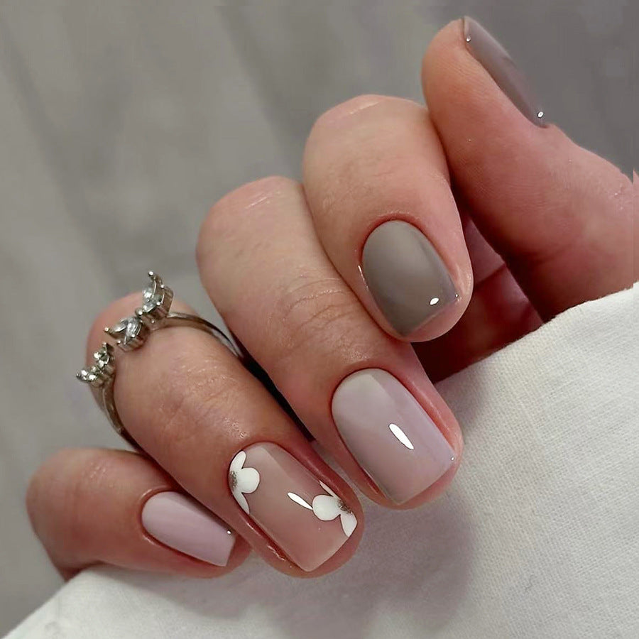 Whimsical Chic Short Square Soft Taupe with Elegant Floral Design Press-On Nail Set