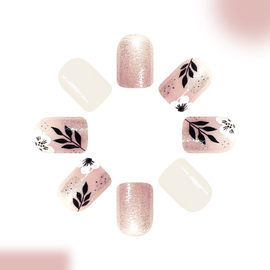 Whimsical Garden Inspired Short Square Blush Pink Floral Design Press-On Nail Set