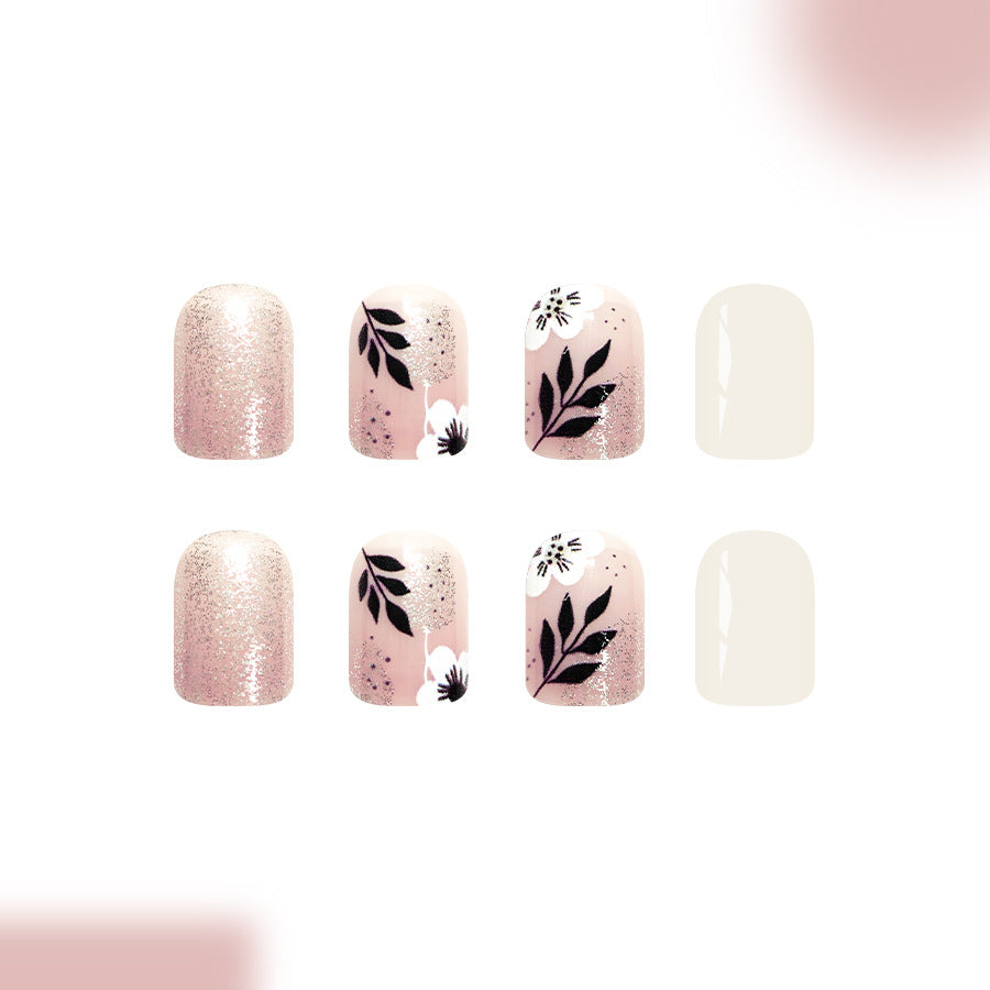 Whimsical Garden Inspired Short Square Pink Glossy Press On Nail Set with Floral Accents