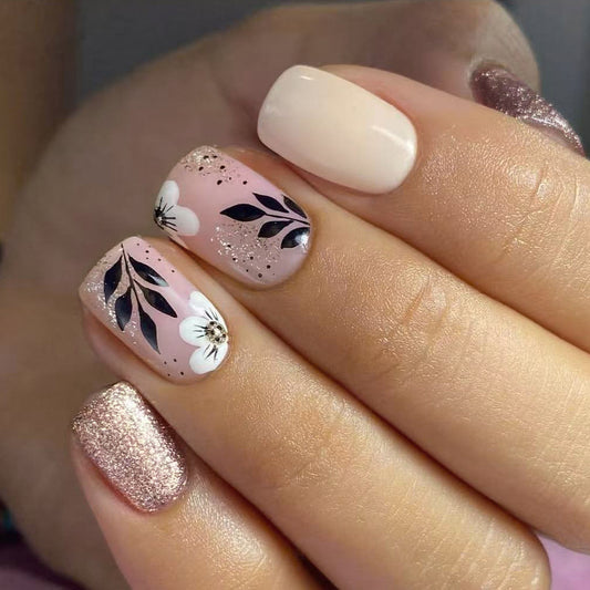 Floral Dream Short Square Pastel Pink Glimmering Finish Press On Nail Set