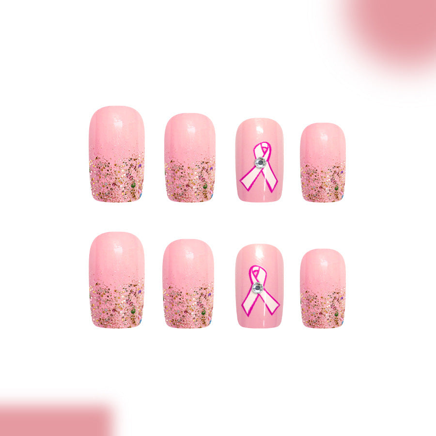 Charming Celebration Pressed Nail Set in Long Square Pink with Glitter Finish and Ribbon Accent
