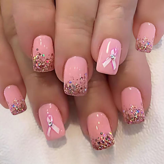 Charming Garden Pink Long Square Glittering Press On Nail Set with Pretty Ribbon Accent