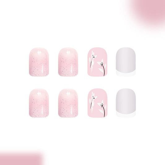 Whimsical Blossom Press On Nail Set in Short Square Pink with Delicate Floral Design
