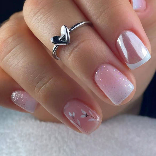 Delicate Blossom Short Square Pink Glitter Ombre Press On Nail Set with Floral Design Feature