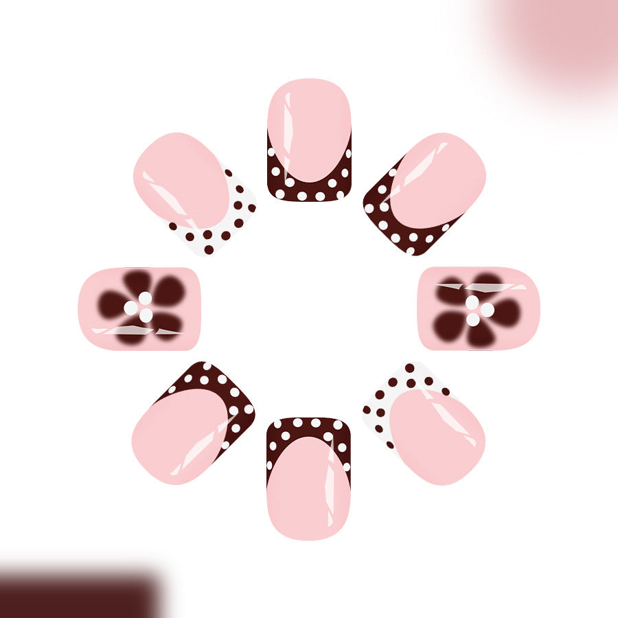 Elegant Floral Bliss Short Square Pink and Brown Press On Nail Set with Charming Dot and Flower Designs