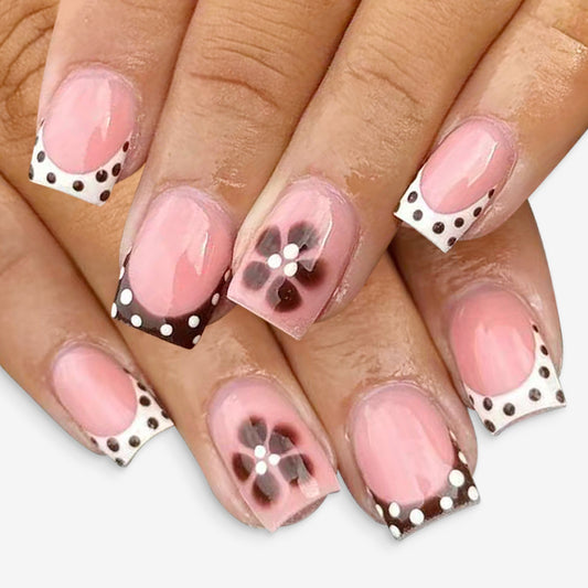 Chic Floral Delight Short Square Pink and White Press-On Nail Set with Polka Dots and Eye-Catching Designs