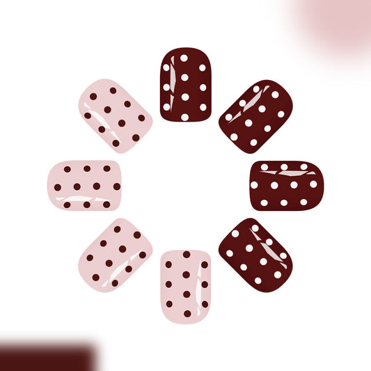 Chic Polka Dot Design Short Square Burgundy and Blush Color Press On Nail Set with Glossy Finish
