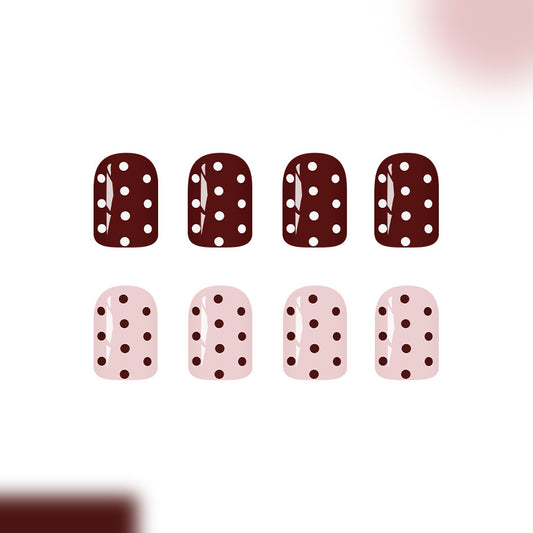 Charming Café Vibe Short Square Dark Brown and Light Pink Polka Dot Press on Nail Set