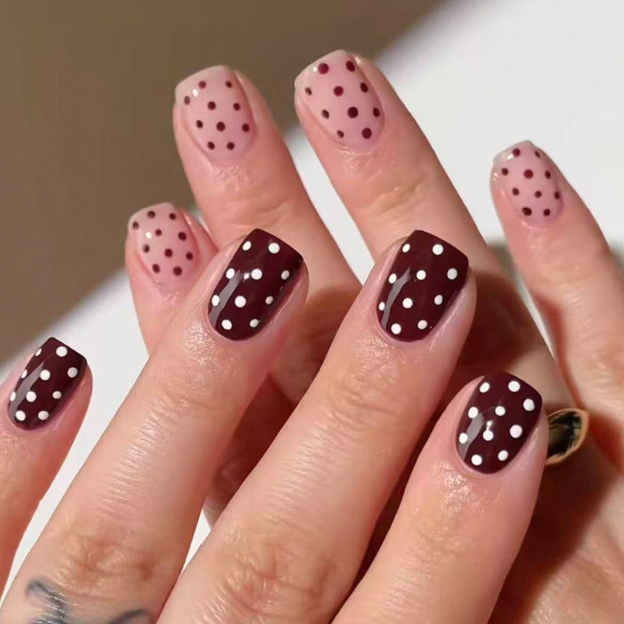 Chic Elegance Short Square Burgundy and Beige Polka Dot Press On Nail Set with Glossy Finish