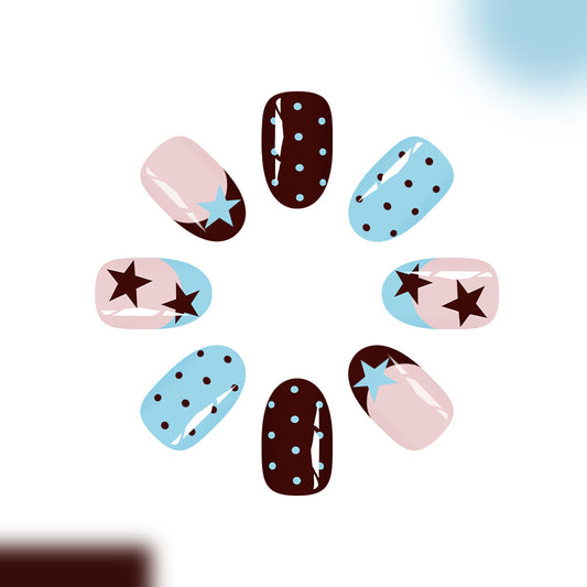 Celestial Dreams Short Oval Brown and Light Blue Press On Nail Set with Playful Star and Dot Design