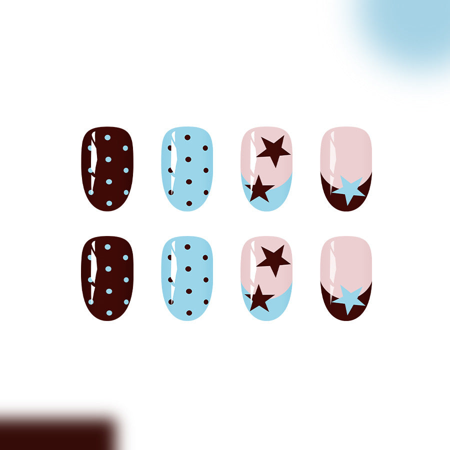 Twilight Dream Chocolate and Sky Blue Short Oval Nail Set with Whimsical Polka Dots and Stars