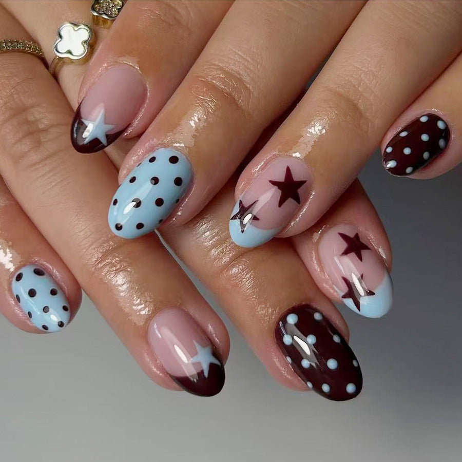 Cosmic Dream Short Oval Long Blue with Dots and Stars Press on Nail Set