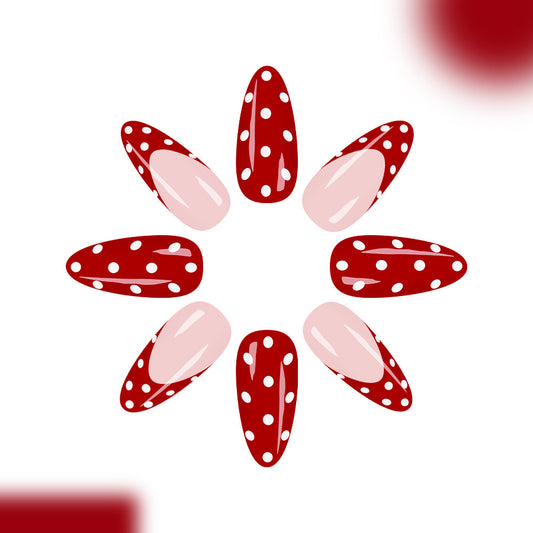 Vintage Charm Glossy Long Almond Red and Pink Polka Dot Press on Nail Set