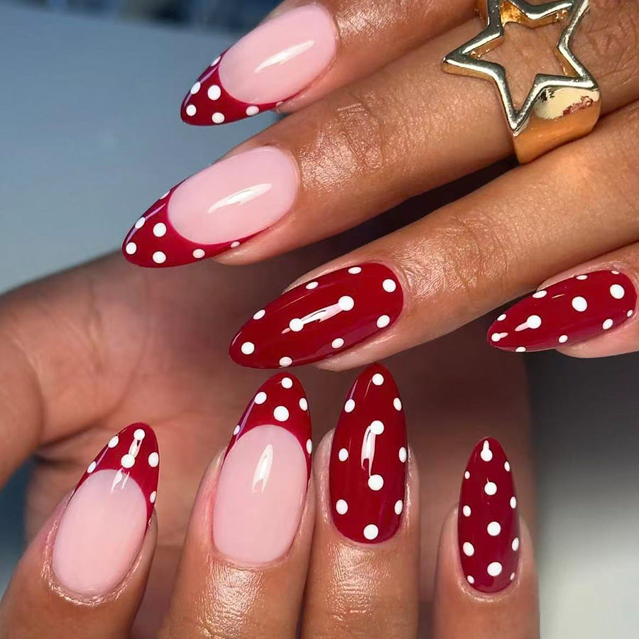 Chic Garden Inspired Long Almond Shaped Rich Red and Flirty Pink Polka Dot Press on Nail Set