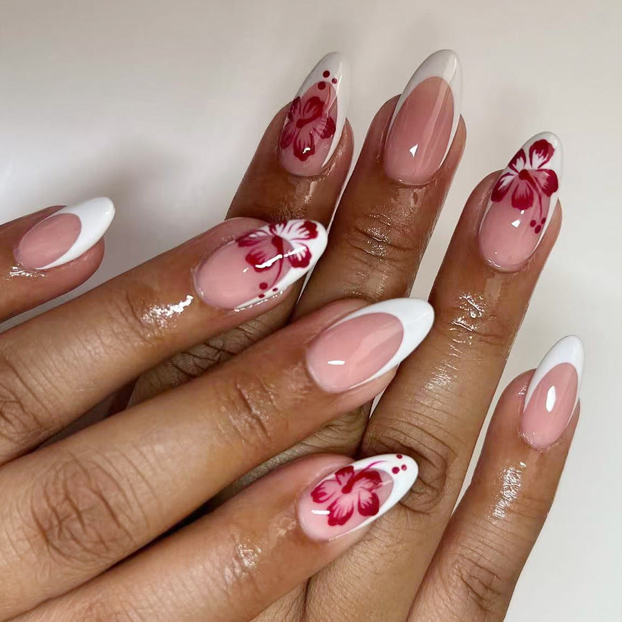 Tropical Elegance Long Almond Shaped Elegant Pink and White Floral Press on Nail Set