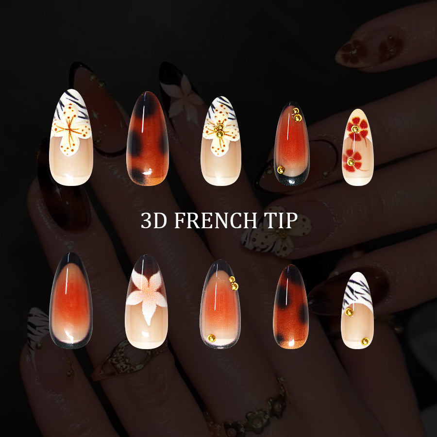 Enchanting Floral Elegance Long Almond Orange Ombre with 3D Accent Design Press-On Nail Set