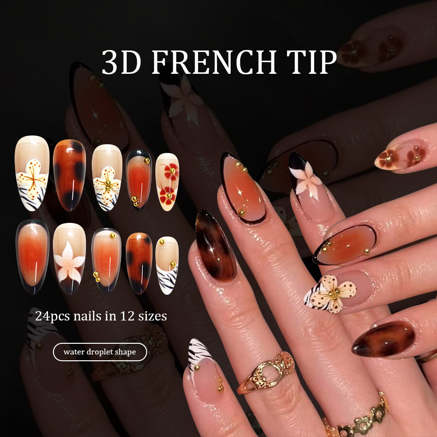 Tropical Elegance Long Almond Water Droplet Shape Long Almond Orange Brown Floral Press On Nail Set