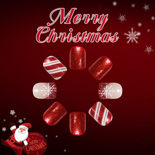 Festive Elegance Press on Nail Set Short Square Red and White Glitter Design with Snowflake Accents