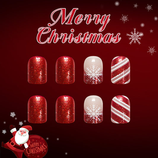 Festive Glamorous Red Short Square Sparkling with Snowflake Art Press On Nail Set