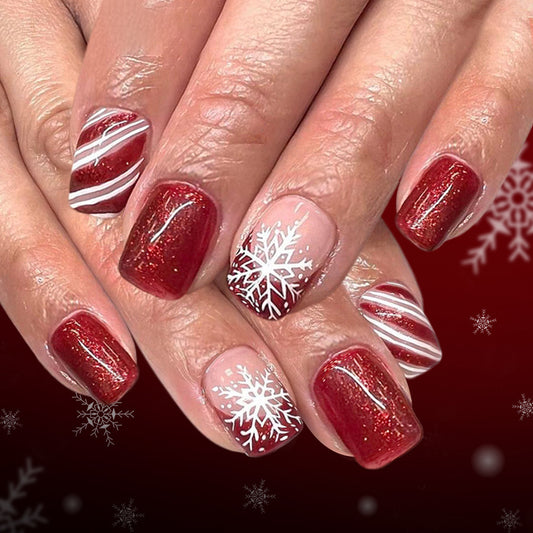 Winter Wonderland Short Square Red and Glittery Nail Set with Festive Snowflake Design
