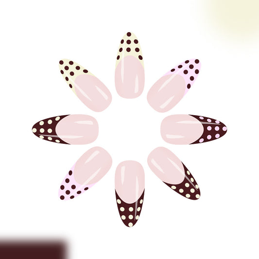 Chic Polka Dot Elegance Long Almond Blush Pink with Brown Accents Captivating Design Press-On Nail Set