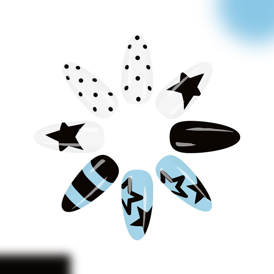 Starry Night Classic Long Almond Shape Black and White Blue Press on Nail Set with Unique Pattern Designs