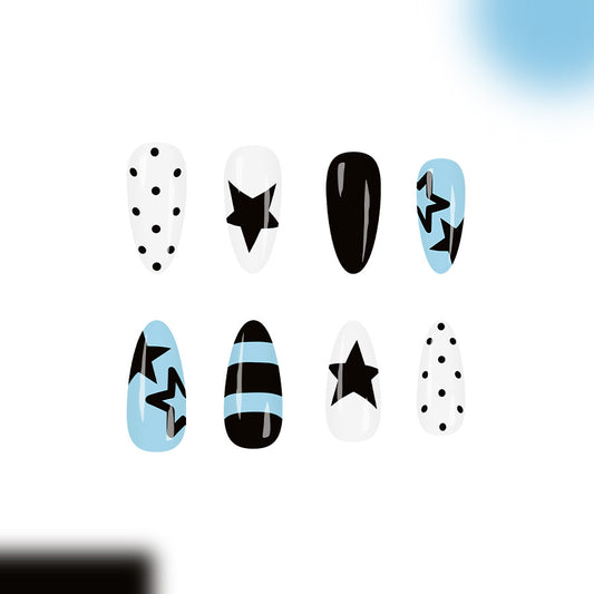 Cosmic Chic Long Almond Pastel Blue and Bold Black Star Design Press On Nail Set