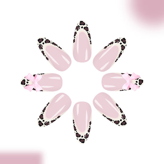 Safari Chic Long Almond Pink Nails with Leopard Print Tips and Cute Bow Accents