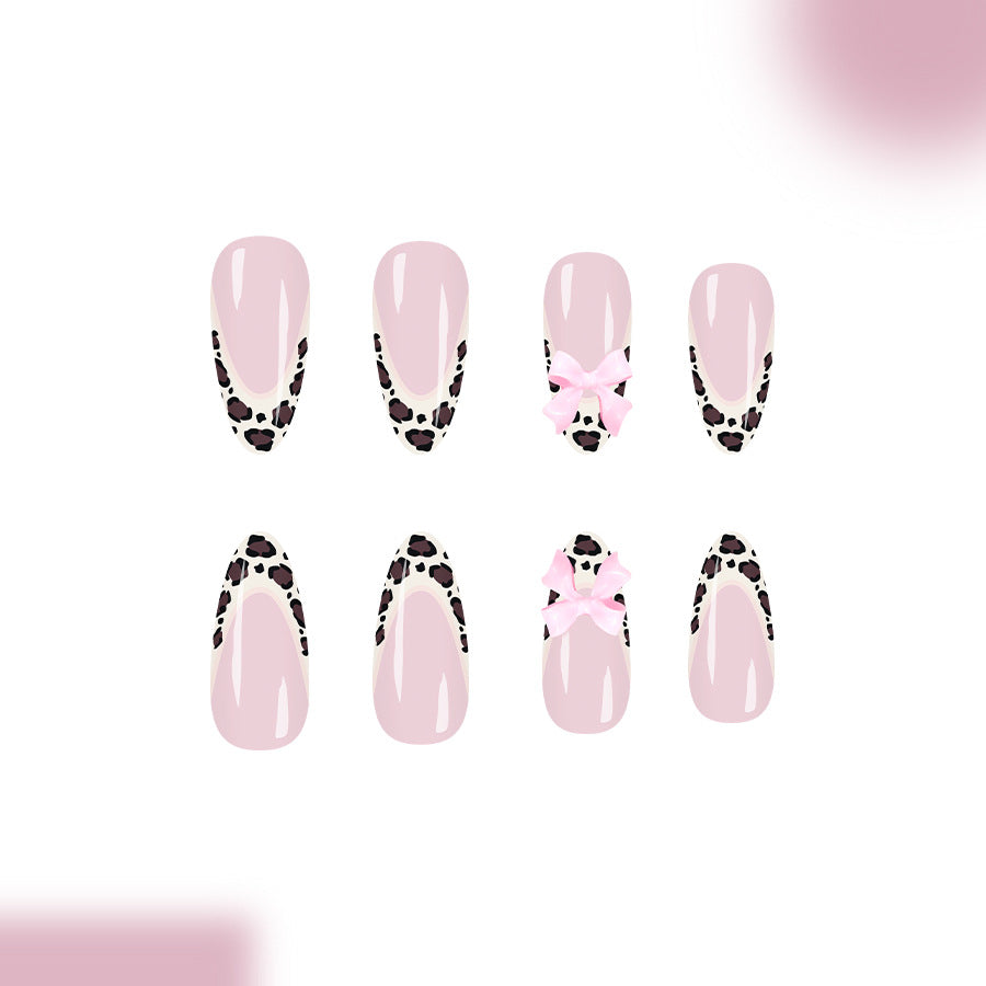 Safari Chic Long Almond Pink with Leopard Accents and Bow Nail Set
