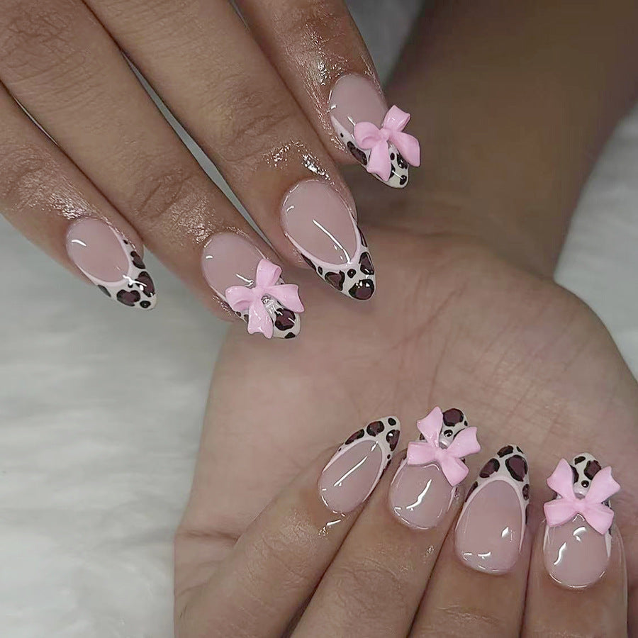 Wild Safari Chic Long Almond and Oval Pink with Leopard Tips and Adorable Bow Accents Nail Set