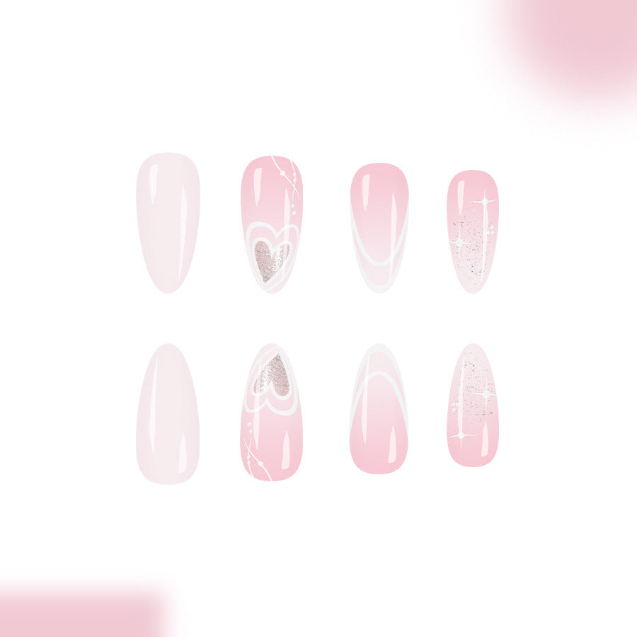 Dreamy Romance Long Almond Pink Press On Nail Set with Glittery Heart Designs