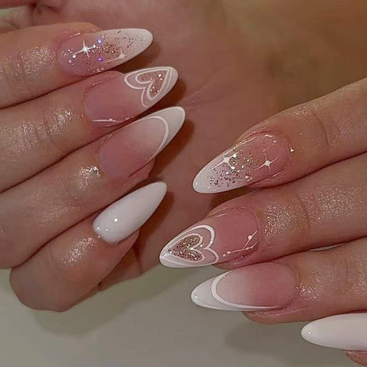 Charming Romance Long Almond White and Pink Gradient Press on Nail Set with Sparkling Heart Designs
