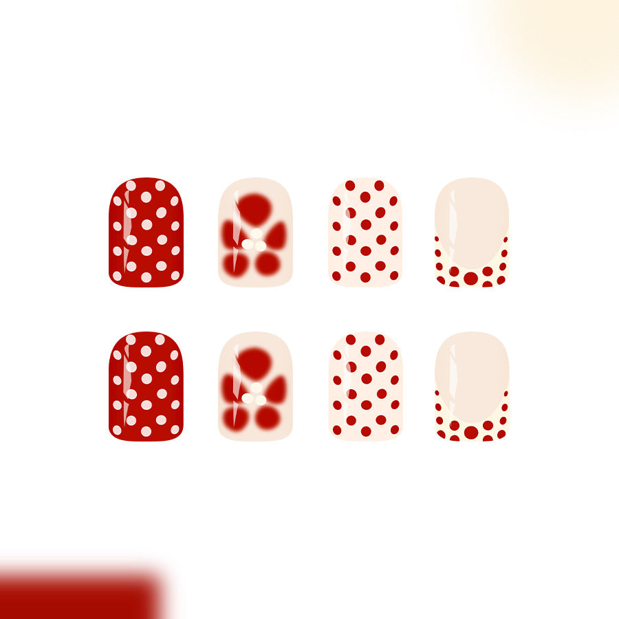 Charming Vintage Inspired Short Square Red and Cream Polka Dot Press on Nail Set with Floral Accents