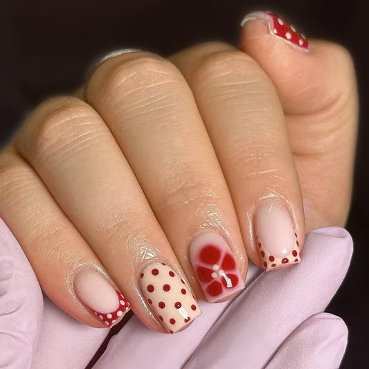 Chic Floral Delights Short Square Red with Polka Dots and Unique Bow Design Press On Nail Set