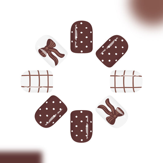 Sweet Temptation Brown Short Square Glossy Bow and Polka Dot Press On Nail Set