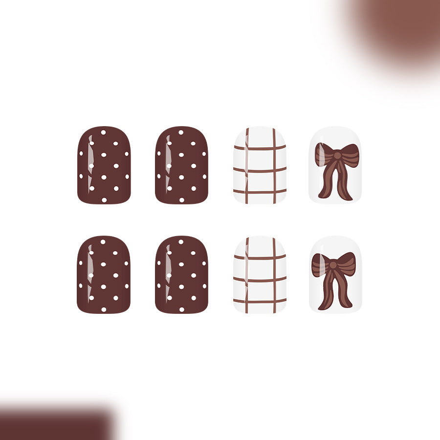 Decadent Chocolate Delight Short Square Brown and White Patterned Press On Nail Set with Adorable Bow Details