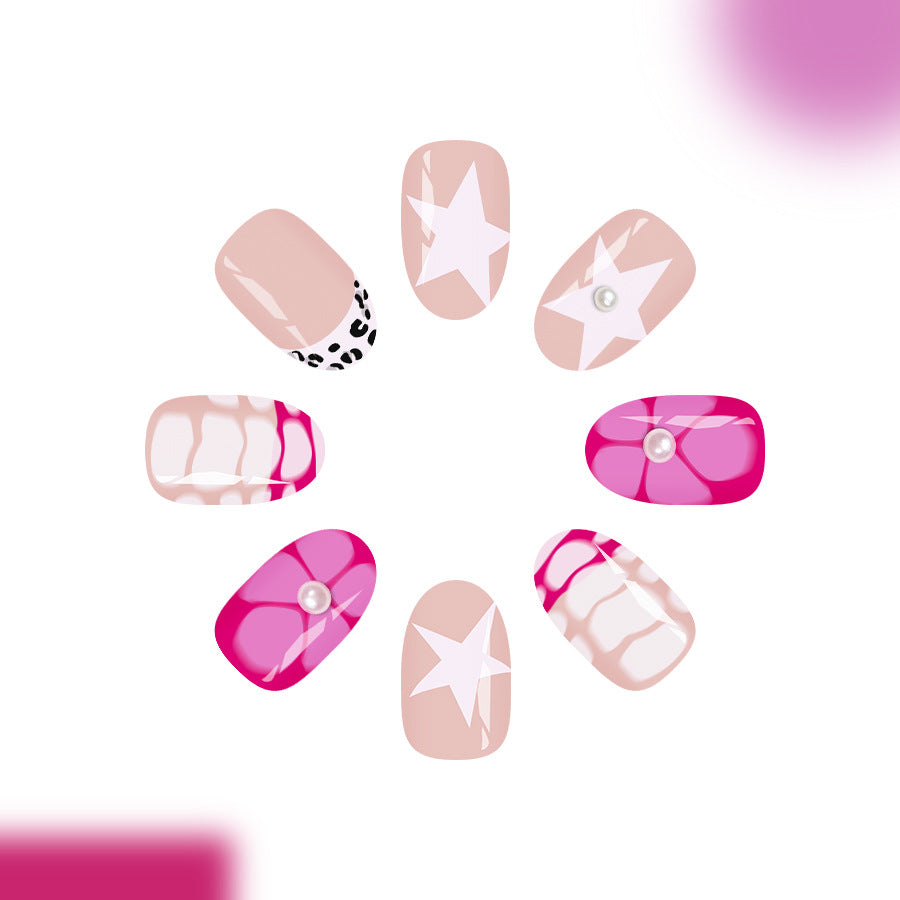 Starry Night Chic Short Oval Pink and White with Pearl Accent Nail Set