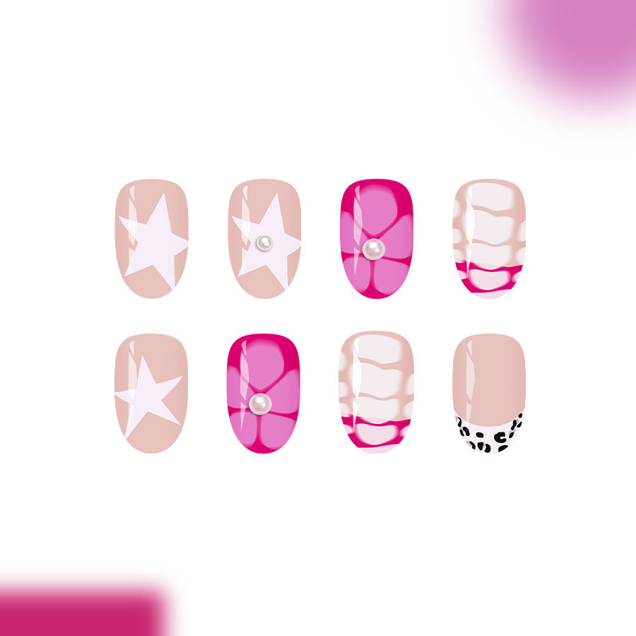 Bold Glamour Short Oval Pink and Beige Press On Nail Set with Dazzling Star Designs and Elegant Pearl Accents