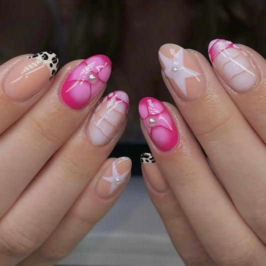 Glamorous Garden Short Oval Pink and Beige Press On Nail Set with Elegant Pearl Accents