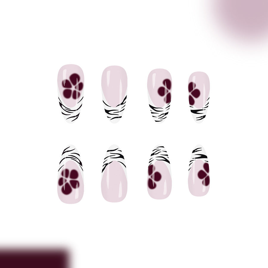 Enchanting Floral Dream Long Almond Pink with Black and Burgundy Floral Design Press on Nail Set
