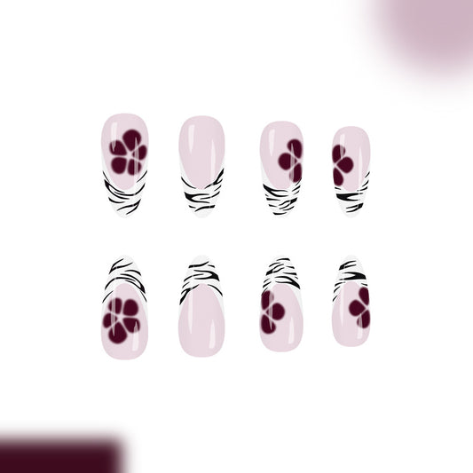Enchanting Floral Dream Long Almond Pink with Black and Burgundy Floral Design Press on Nail Set