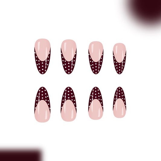 Chic Evening Elegance Long Almond Burgundy with Playful Polka Dots Press On Nail Set