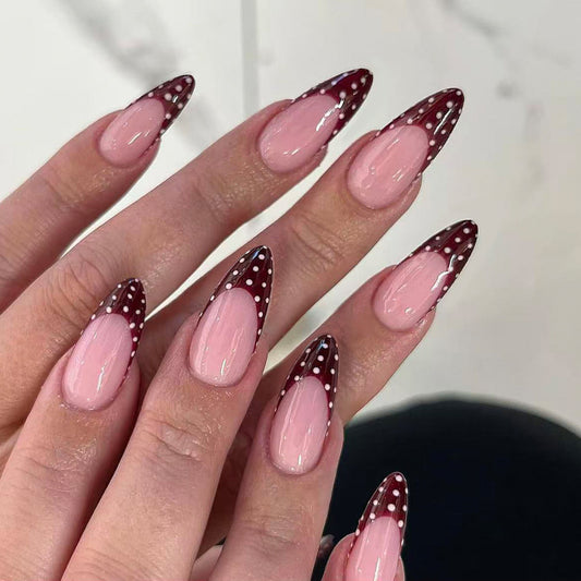 Elegant Nightfall Long Almond Shaped Burgundy and Pink Press On Nails with Dotted Design