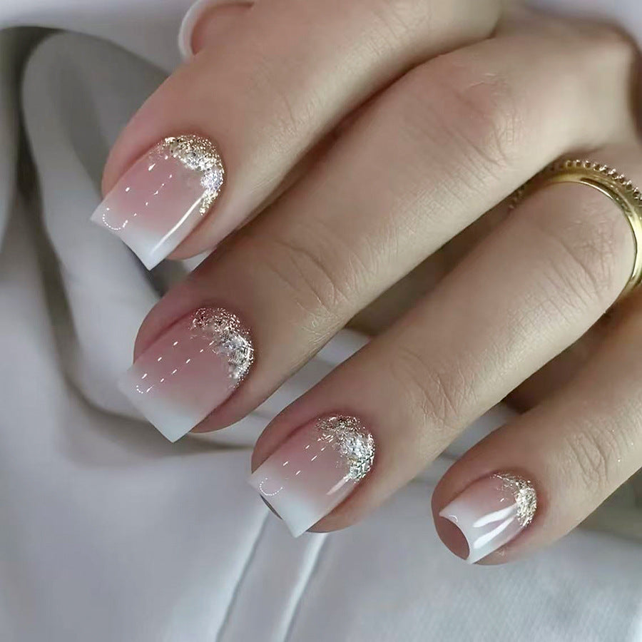 Elegant Charm Short Square Length Soft White with Glittering Gold Accent Press On Nail Set