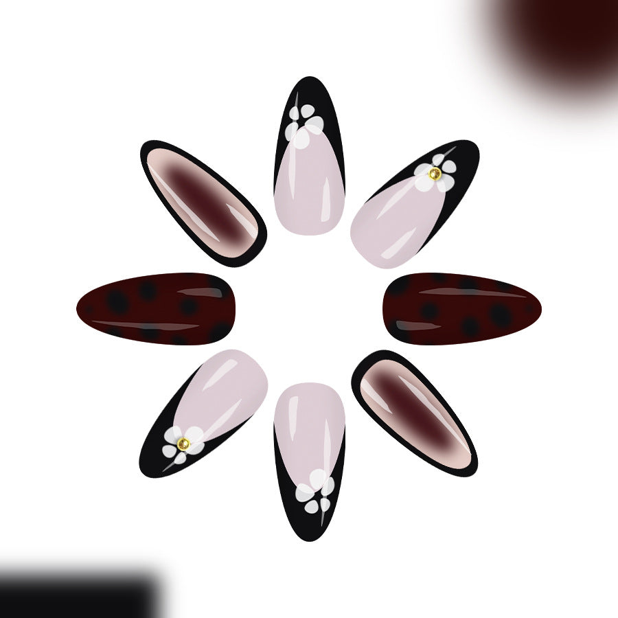 Enchanting Elegance Long Almond Burgundy and Black Floral Accent Press On Nail Set