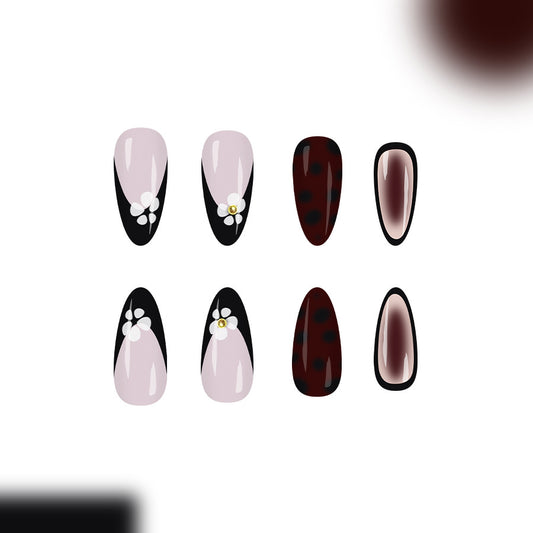 Whimsical Garden Inspired Long Almond Pink and Black Floral Press-On Nail Set with Unique Glossy Finish